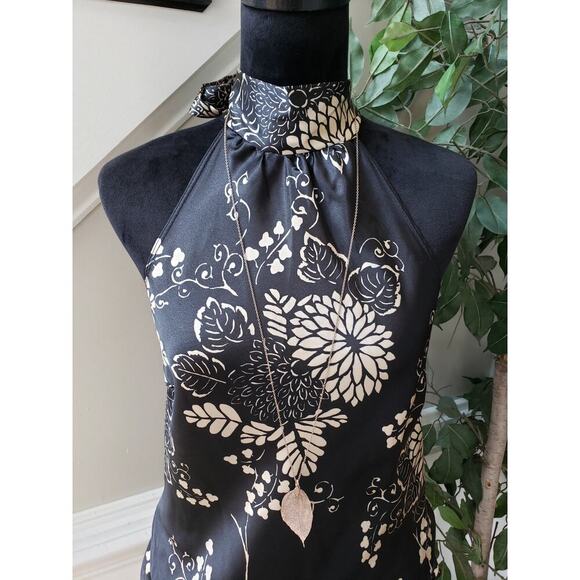 Voice Tank Top Womens XL Black Floral Sleeveless Keyhole Ruffle Trim Halter Neck - Picture 3 of 11
